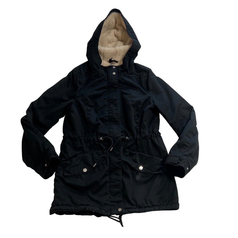 H&M Divided Womens Black Faux Shearling Lined Parka Jacket Hooded Size 4